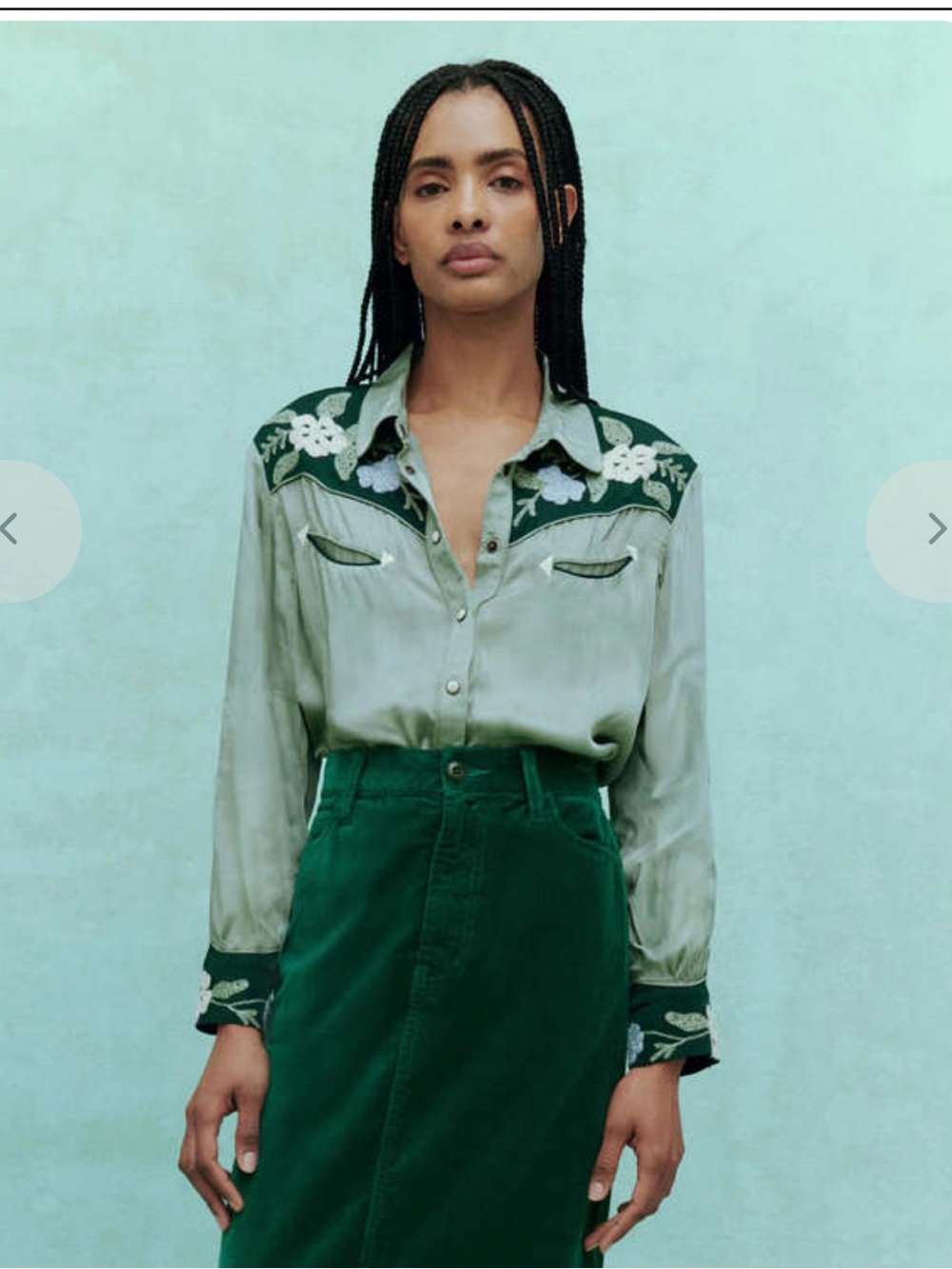 THE GREAT. Sage Green Satin Embroidered Western Heritage Shirt in Dried Sage - Picture 2 of 14